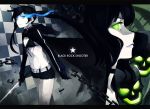  bikini_top black_hair black_rock_shooter black_rock_shooter_(character) blue_eyes chain dead_master flat_chest glowing glowing_eyes green_eyes jacket letterboxed long_hair midriff navel pale_skin scar shorts skull smile sword twintails weapon 