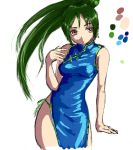  arcana_heart blue_dress chinese_dress green_hair kamui_tokinomiya red_eyes 
