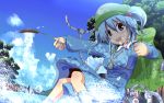  artist_request backpack bag blue_eyes blue_hair cloud hair_bobbles hair_ornament hat irie_(masaki) kawashiro_nitori key open_mouth short_hair sky solo splash touhou twintails wallpaper water widescreen 