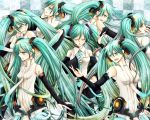   aqua_eyes aqua_hair bridal_gauntlets closed_eyes detached_sleeves gradient_hair hand_on_chest hatsune_miku miku_append multiple_persona nail_polish navel necktie open_mouth pleated_skirt twintails very_long_hair vocaloid vocaloid_append  