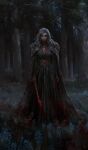  1girl absurdres blood blood_on_clothes blood_on_face cape closed_mouth dress earrings expressionless forest full_body grey_hair highres holding holding_sword holding_weapon jewelry long_hair looking_at_viewer nature night original sanghyun_kam solo standing sword weapon 