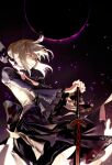  1girl artoria_pendragon_(fate) back_bow black_bow black_choker black_ribbon blonde_hair bow braid choker commentary_request dress excalibur_morgan_(fate) fate/grand_order fate/stay_night fate_(series) floating_hair french_braid hair_ribbon highres holding holding_sword holding_weapon juliet_sleeves korean_commentary long_sleeves looking_away puffy_sleeves ribbon saber_alter short_hair shycocoa solo sword weapon wide_sleeves yellow_eyes 