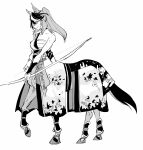  1girl animal_ears armor bow_(weapon) centaur commentary commentary_request ear_covers greyscale hadanugi_dousa high_ponytail highres holding holding_bow_(weapon) holding_weapon horse_ears horse_tail japanese_armor japanese_clothes kimono kote looking_at_viewer monochrome monsterification multicolored_hair partial_commentary sarashi single_ear_cover solo suneate symboli_rudolf_(archer_of_the_white_moon)_(umamusume) symboli_rudolf_(umamusume) tail takatsuki_nato taur umamusume weapon 