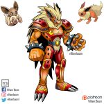  1boy :3 armor artist_name blonde_hair blue_eyes bracelet claws digimon eevee english_commentary flareon full_body highres jewelry long_hair muscular muscular_male parody pokemon reference_inset solo spiked_bracelet spikes style_parody tail very_long_hair villiamboom1 white_background yellow_eyes 