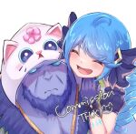  1boy 1girl :d ahoge animal_hood bangs beard black_bow blush bow cat_hood closed_eyes closed_mouth colored_sclera colored_skin commission detached_sleeves drill_hair facial_hair flower fur_trim glove_bow gloves green_sclera gwen_(league_of_legends) hair_bow happy hood hood_up league_of_legends looking_at_another meowrick momikodayo open_mouth pink_flower purple_gloves purple_skin smile twin_drills twintails upper_body white_eyes yorick_(league_of_legends) 