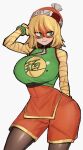  1girl absurdres arms_(game) bangs beanie blonde_hair blunt_bangs breasts chinese_clothes domino_mask food green_eyes hat highres knit_hat leggings legwear_under_shorts looking_at_viewer mano_(manobece) mask min_min_(arms) noodles short_hair shorts simple_background smile solo 