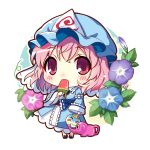  1girl bangs belt black_footwear blue_background blue_belt blue_bow blue_bowtie blue_dress blue_flower blue_headwear blue_kimono blush bow bowtie chibi collared_dress dress eating flower food footwear_bow frilled_kimono frills fruit full_body hair_between_eyes hand_fan hand_up hat ice_cream japanese_clothes juliet_sleeves kapuchii kimono leaf long_sleeves looking_at_viewer mob_cap multicolored_background open_mouth pink_eyes pink_flower pink_hair puffy_sleeves purple_flower saigyouji_yuyuko shoes short_hair socks solo standing touhou triangular_headpiece watermelon white_background white_legwear wide_sleeves yellow_background 
