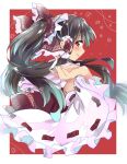  1girl alternate_hairstyle armpits bangs black_hair blush border bow commentary commentary_request detached_sleeves floral_background frilled_bow frills from_behind gradient_hair hair_bow hair_tubes hakurei_reimu highres long_hair looking_at_viewer mikama multicolored_hair outside_border over_shoulder ponytail red_background red_bow red_eyes red_vest smile solo touhou upper_body vest 