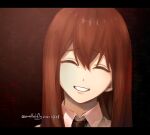  1girl ^_^ bangs brown_hair closed_eyes collared_shirt commentary_request dated eatfishfly face facing_viewer grin hair_between_eyes highres letterboxed long_hair makise_kurisu necktie portrait shirt smile solo steins;gate straight_hair teeth twitter_username white_shirt 