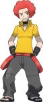  1boy afro belt black_choker black_legwear choker collarbone collared_shirt flint_(pokemon) full_body grey_eyes grey_pants hands_in_pockets looking_to_the_side loose_pants male_focus official_art pants pokemon pokemon_(game) pokemon_dppt red_belt redhead sandals shirt short_sleeves smile solo standing sugimori_ken toes transparent_background yellow_shirt 