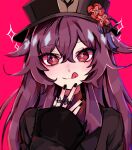  1girl absurdres bbadtime black_nails blurry blush brown_hair genshin_impact hat highres hu_tao_(genshin_impact) jewelry looking_at_viewer pink_background porkpie_hat red_eyes ring simple_background tongue tongue_out 
