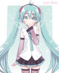  1girl aegissanp ahoge angel_wings arms_up bangs blue_eyes blue_hair blush_stickers collared_shirt dated detached_sleeves hair_ornament hand_on_own_cheek hand_on_own_face hatsune_miku hatsune_miku_(nt) headphones highres long_hair long_sleeves looking_at_viewer necktie pleated_skirt see-through see-through_sleeves shirt skirt sleeveless sleeveless_shirt smile solo thigh-highs twintails very_long_hair vocaloid wings 