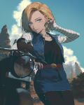 1girl android_18 belt bicycle blonde_hair blue_eyes breasts closed_mouth denim dragon_ball dragon_ball_z earrings fajyobore ground_vehicle highres jacket jewelry long_sleeves looking_at_viewer medium_breasts pantyhose short_hair skirt smile solo