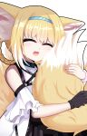  1girl animal_ear_fluff animal_ears arknights bangs bare_shoulders black_gloves blonde_hair blue_hairband blush braid closed_eyes fox_ears fox_girl fox_tail gloves hair_rings hairband highres holding_own_tail infection_monitor_(arknights) mmliku multiple_tails open_mouth smile solo suzuran_(arknights) tail upper_body 