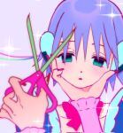  2girls aqua_eyes empty_eyes expressionless hand_on_another&#039;s_face highres holding holding_scissors humanoid_robot inhye minako_(vivinos) multiple_girls pink_bitch_club pov pov_hands purple_hair robot_ears scissors sparkle vyt-24 wire 