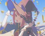  1girl :o animal_ears black_robe blurry bow brown_hair chromatic_aberration commentary_request confetti depth_of_field film_grain gloves hair_rings hands_on_headwear hat hat_bow highres horse_ears horse_girl kadokura_(sushiu_max) long_hair looking_at_viewer open_mouth robe short_sleeves solo sweep_tosho_(umamusume) umamusume upper_body v-shaped_eyebrows violet_eyes white_gloves wide_sleeves witch_hat 