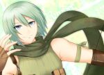  1boy bangs blue_eyes brown_gloves camouflage_scarf closed_mouth commentary_request fingerless_gloves gloves green_hair green_scarf green_shirt hair_between_eyes looking_at_viewer male_focus oruserug ragnarok_online ranger_(ragnarok_online) scarf shirt short_hair sleeveless sleeveless_shirt smile solo upper_body 