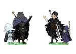  2boys 2girls armor artist_request berserk berserker_armor black_hair blaidd_the_half-wolf blue_eyes blue_hair blue_skin cape chibi cloak closed_mouth colored_skin cracked_skin crossover doll_joints dragonslayer_(sword) dress elden_ring extra_arms extra_faces fur_cloak green_hair guts_(berserk) hat highres holding huge_weapon joints long_hair multiple_boys multiple_girls muscular one_eye_closed ranni_the_witch scar schierke_(berserk) short_hair smile staff sword weapon white_dress witch witch_hat 