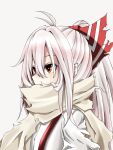  1girl bangs bow commentary covered_mouth fujiwara_no_mokou grey_scarf hair_bow long_hair looking_to_the_side ponytail red_bow red_eyes scarf shirt sidelocks solo suspenders torn_bow torn_clothes torn_scarf torn_shirt touhou tsune_(tune) two-tone_bow upper_body white_background white_bow white_hair white_shirt 