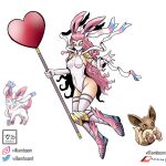  1girl :3 absurdres animal_ears armored_boots artist_name blue_eyes boots digimon eevee elbow_gloves english_commentary full_body gloves heart highres holding holding_staff leotard long_hair mask mouth_mask ninja_mask parody pink_hair pokemon reference_inset ribbon solid_eyes solo staff style_parody sylveon tail thigh-highs very_long_hair villiamboom1 white_background yellow_eyes 