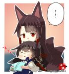  ... 2girls akagi_(azur_lane) animal_ears artist_logo azur_lane bangs black_hair blue_hakama book brown_hair closed_mouth commentary_request crossover eyeshadow fox_ears fox_girl fox_tail hair_between_eyes hair_tubes hakama hakama_skirt japanese_clothes kaga_(kancolle) kantai_collection kyuubi long_hair long_sleeves looking_at_another lying lying_on_lap makeup multiple_girls multiple_tails on_back open_mouth parted_lips red_eyes revision side_ponytail sidelocks signature simple_background skirt sleeping sleeping_on_person speech_bubble tail taisa_(kari) tasuki translation_request triangle_mouth twitter_username wide_sleeves zzz 
