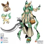  1boy :3 armor artist_name brown_eyes claws digimon eevee english_commentary full_body holding holding_sword holding_weapon leafeon mask parody pokemon reference_inset scarf solo spiked_anklet style_parody sword tail villiamboom1 weapon white_background yellow_eyes 