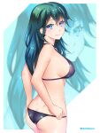  1girl ass back bikini blue_eyes blush breasts byleth_(fire_emblem) closed_mouth etchimune fire_emblem fire_emblem:_three_houses fire_emblem_warriors:_three_hopes long_hair looking_at_viewer simple_background smile solo swimsuit 