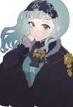  1girl bangs black_cape black_hairband blue_dress blue_hair blunt_bangs blush brown_eyes cape center_frills closed_mouth commentary_request dress fire_emblem fire_emblem:_three_houses fire_emblem_warriors:_three_hopes floating_hair frills hairband highres lace_hairband long_hair long_sleeves looking_at_viewer marianne_von_edmund official_alternate_costume official_alternate_hairstyle repepepic simple_background solo upper_body wavy_hair white_background 