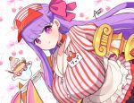 1girl azu_(kirara310) breasts cherry claw_(weapon) cosplay earrings fate/extra fate/extra_ccc fate/grand_order fate_(series) food fruit hair_ribbon huge_breasts jewelry looking_at_viewer name_tag passionlip_(fate) pink_ribbon purple_hair ribbon single_earring smile solo tamamo_(fate) tamamo_cat_(fate) tamamo_cat_(fate)_(cosplay) tamamo_cat_(lostroom_outfit)_(fate) tamamo_cat_(lostroom_outfit)_(fate)_(cosplay) visor_cap waitress weapon