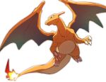  blurry charizard claws closed_mouth fangs fangs_out flame-tipped_tail from_below green_eyes morio_(poke_orio) no_humans pokemon pokemon_(creature) solo white_background 