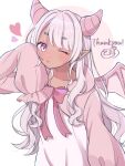  1girl blush bow bowtie clara_(vtuber) commission dark-skinned_female dark_skin dragon_girl dragon_horns dragon_wings dress heart horns indie_virtual_youtuber long_hair long_sleeves multicolored_background open_mouth pink_background pink_hair skeb_commission solo tomakodaaayo very_long_hair violet_eyes virtual_youtuber wavy_hair white_background wings 