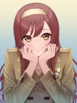  1girl absurdres bangs brown_hair brown_jacket closed_mouth gradient gradient_background hairband head_rest highres idolmaster idolmaster_shiny_colors jacket lips long_hair long_sleeves looking_at_viewer osaki_amana sjuno smile solo upper_body yellow_eyes 