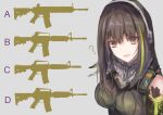  1girl ? absurdres bandana bangs bare_shoulders brown_eyes brown_hair girls_frontline green_hair grey_background gun headset highres long_hair m4a1_(girls&#039;_frontline) martinreaction multicolored_hair open_mouth quiz ribbed_sweater rifle simple_background sleeveless sleeveless_sweater solo streaked_hair sweater two-tone_hair weapon 