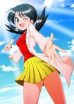  1girl ;d bangs blue_eyes blue_hair blue_sky blush clouds coat jewelry kris_(pokemon) looking_at_viewer necklace one_eye_closed open_clothes open_coat open_mouth pleated_skirt pokemon pokemon_adventures red_shirt shirt skirt sky smile solo takappe twintails white_coat yellow_skirt 