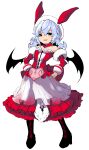  1girl :d akure_ekuto alternate_costume bangs bat_wings black_footwear blue_eyes boots cross-laced_footwear detached_collar detached_sleeves fang full_body hands_on_hips heart highres open_mouth remilia_scarlet short_hair simple_background smile solo standing touhou white_background white_headwear wings 