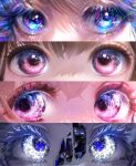  4girls absurdres bangs blue_eyes close-up commentary eye_focus eyelashes glint highres looking_at_viewer multiple_girls onenechan pink_eyes signature sparkle twitter_username 