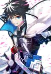  1boy armor belt black_hair blue_eyes capelet charlemagne_(fate) fate/extella fate/extella_link fate/extra fate/grand_order fate_(series) grin highres male_focus multicolored_hair sheath sheathed short_hair simple_background smile solo sword two-tone_hair weapon white_hair y6m9e_kasabuta 