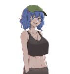  1girl abs bangs blue_eyes blue_hair breasts brown_pants collarbone crop_top flat_cap green_headwear hair_bobbles hair_ornament hat highres jewelry kawashiro_nitori large_breasts looking_at_viewer mata_(matasoup) medium_hair necklace pants short_twintails sidelocks simple_background sleeveless smile solo touhou twintails two_side_up white_background 