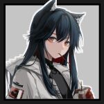  1girl animal_ear_fluff animal_ears arknights bangs black_border black_hair black_shirt boleror_(snowcmpie) border chinese_commentary closed_eyes closed_mouth colored_inner_hair commentary_request food food_in_mouth fur-trimmed_hood fur_trim gloves grey_background holding hood hood_down hooded_jacket jacket long_hair looking_at_viewer mouth_hold multicolored_hair official_alternate_costume open_clothes open_jacket outline outside_border pocky red_eyes red_gloves redhead shirt sidelocks simple_background solo texas_(arknights) texas_(winter_messenger)_(arknights) two-tone_hair white_outline wolf_ears 