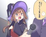  1boy 1girl blush commentary_request hair_rings hat horse_girl kyutai_x looking_at_viewer microphone open_mouth smile solo_focus surprised sweep_tosho_(umamusume) table translation_request twintails umamusume violet_eyes white_background wide-eyed witch_hat 