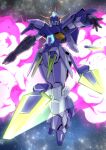  absurdres beam_rifle blade blue_eyes commentary energy_gun explosion full_body funnels_(gundam) glowing glowing_eyes gundam gundam_age gundam_age-fx highres kaneko_naoya looking_at_viewer mecha mobile_suit no_humans robot science_fiction solo space star_(sky) v-fin weapon 