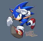  1boy alicealacroix animal_nose closed_mouth gloves green_eyes grey_background highres male_focus red_footwear shoes simple_background smile sneakers solo sonic_(series) sonic_the_hedgehog walking white_gloves 