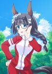  alternate_costume animal_ears black_hair blue_eyes blush braid breasts clouds commentary_request fuji_tooya glasses hair_ornament highres horse_ears jacket large_breasts long_hair looking_to_the_side open_mouth pose side_braid sky track_jacket tree umamusume zenno_rob_roy_(umamusume) 