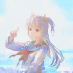  1girl artist_name black_sailor_collar blue_sky closed_mouth clouds cloudy_sky day grey_hair instagram_username long_hair long_sleeves looking_at_viewer neckerchief original outdoors pixiv_id pointing red_neckerchief sailor_collar say_hana school_uniform serafuku shirt signature sky smile solo twitter_username two_side_up upper_body very_long_hair violet_eyes white_shirt 