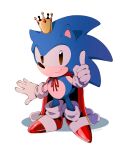  1boy black_eyes cape closed_mouth crown full_body gloves highres index_finger_raised isa03re looking_at_viewer male_focus red_cape red_footwear simple_background smile solo sonic_(series) sonic_the_hedgehog sonic_the_hedgehog_(classic) standing white_background white_gloves 