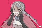 1girl ahoge bangs blue_eyes braid breasts commission commissioner_upload fire_emblem fire_emblem_fates hairband hands_on_own_face highres larvachii long_hair medium_breasts nina_(fire_emblem) non-web_source open_mouth red_background sketch solo surprised teeth twin_braids upper_body upper_teeth 