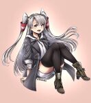  1girl amatsukaze_(kancolle) black_legwear boots brown_footwear coat grey_coat grey_hair hair_tubes high_heel_boots high_heels highres hood hood_down hoodie kantai_collection kazaharu_matsuhata long_hair long_sleeves official_alternate_costume open_clothes open_coat red_eyes solo thigh-highs two_side_up white_hoodie 