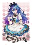  1girl alice_(alice_in_wonderland) alice_(alice_in_wonderland)_(cosplay) blue_eyes blue_hair bow colored_tips commission cosplay cup dress hair_bow heterochromia indie_virtual_youtuber long_hair looking_at_viewer multicolored_hair purple_hair shione_(memento_forest) skeb_commission solo striped striped_legwear teacup thigh-highs violet_eyes virtual_youtuber yorisaka_lemay 