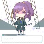  ... 1girl absurdres arrow_(projectile) asahina_mafuyu bag_(bag5843752) black_footwear black_sailor_collar black_serafuku black_shirt black_skirt bow_(weapon) chibi closed_mouth commentary_request dialogue_box hair_ornament hair_scrunchie high_ponytail highres holding holding_arrow holding_bow_(weapon) holding_weapon looking_at_viewer pleated_skirt ponytail project_sekai purple_hair sailor_collar school_uniform scrunchie serafuku shaded_face shirt shoes skirt solo spoken_ellipsis translation_request violet_eyes weapon yellow_scrunchie 