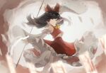  1girl arm_above_head ascot bangs bare_shoulders black_hair blurry bow breedo clouds commentary depth_of_field detached_sleeves feet_out_of_frame frilled_hair_tubes frilled_skirt frills from_side gohei grey_eyes hair_tubes hakurei_reimu highres holding_gohei long_hair looking_at_viewer ofuda red_bow red_skirt red_vest ribbon-trimmed_sleeves ribbon_trim skirt solo touhou vest white_sleeves yellow_ascot 
